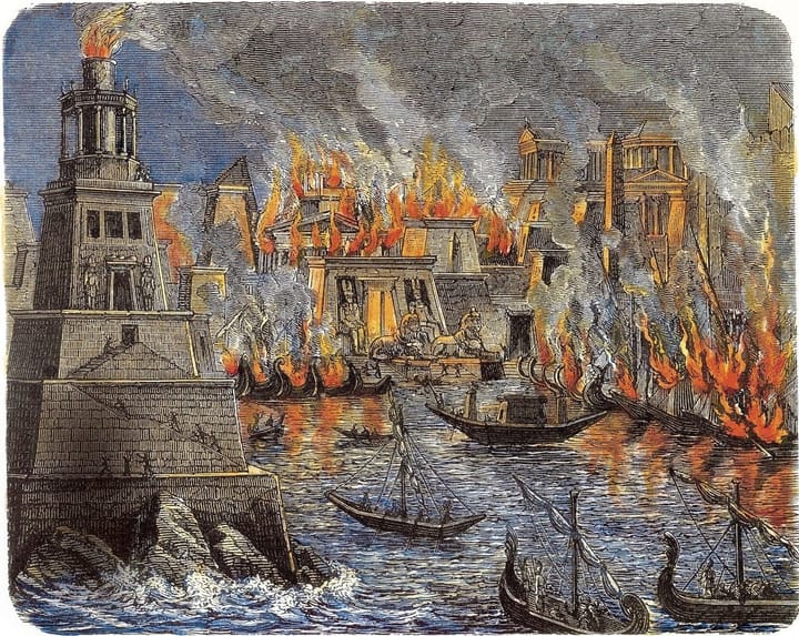 Ancient Alexandria Egypt under siege and burning. The famous Pharos is on the left of the image while the city burns in the background